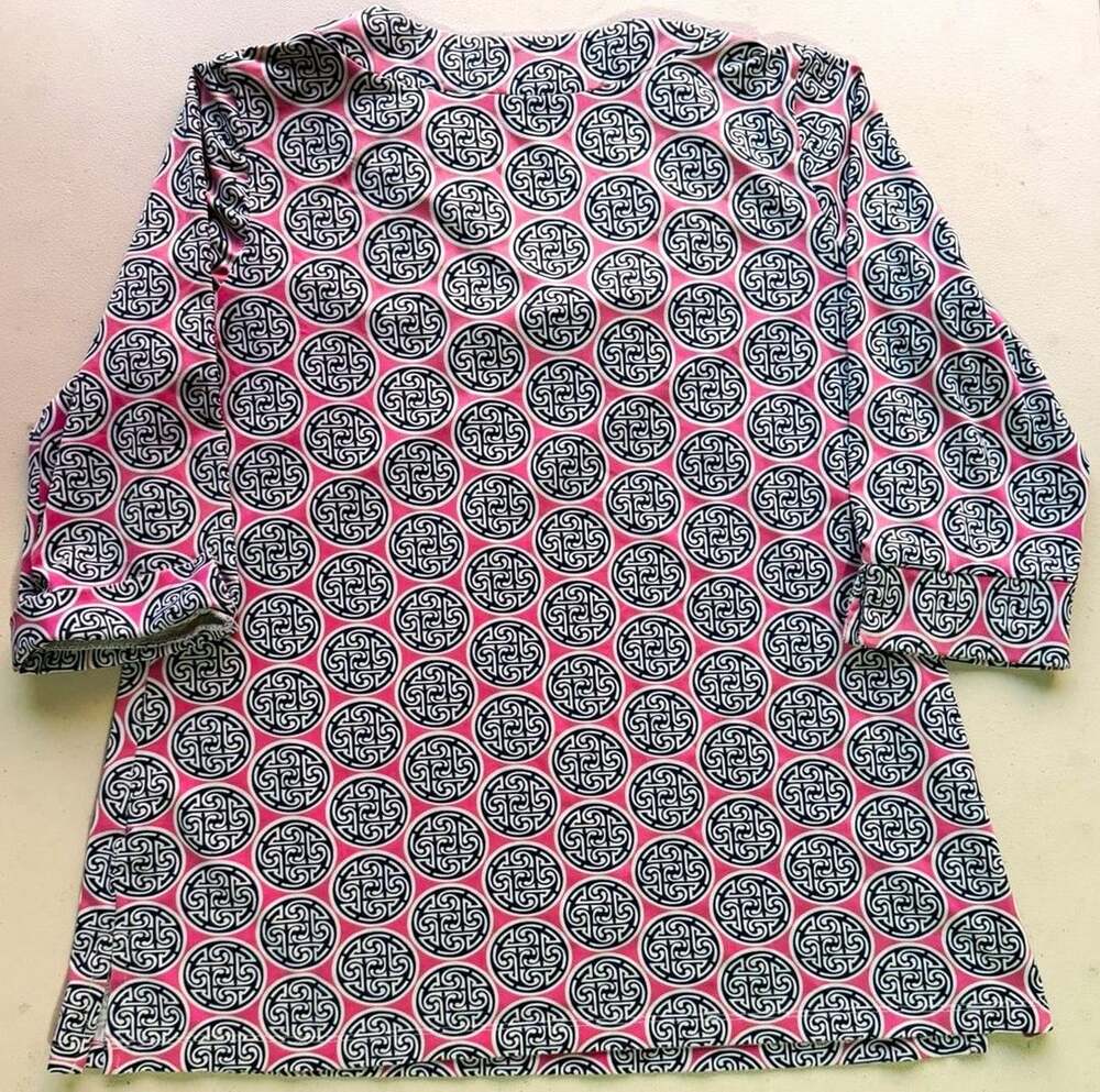 Katherine Way Pink Navy Geometric Print V-Neck Top Size XL Made in USA